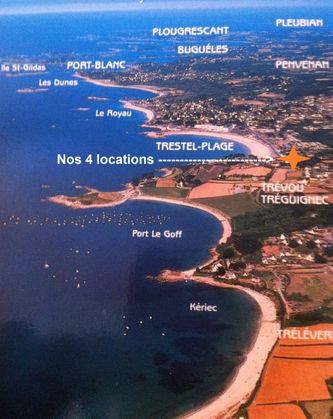 Nos 4 locations se situent à 50m (3 apparts) et 100m (maison) de la plage de Trestel