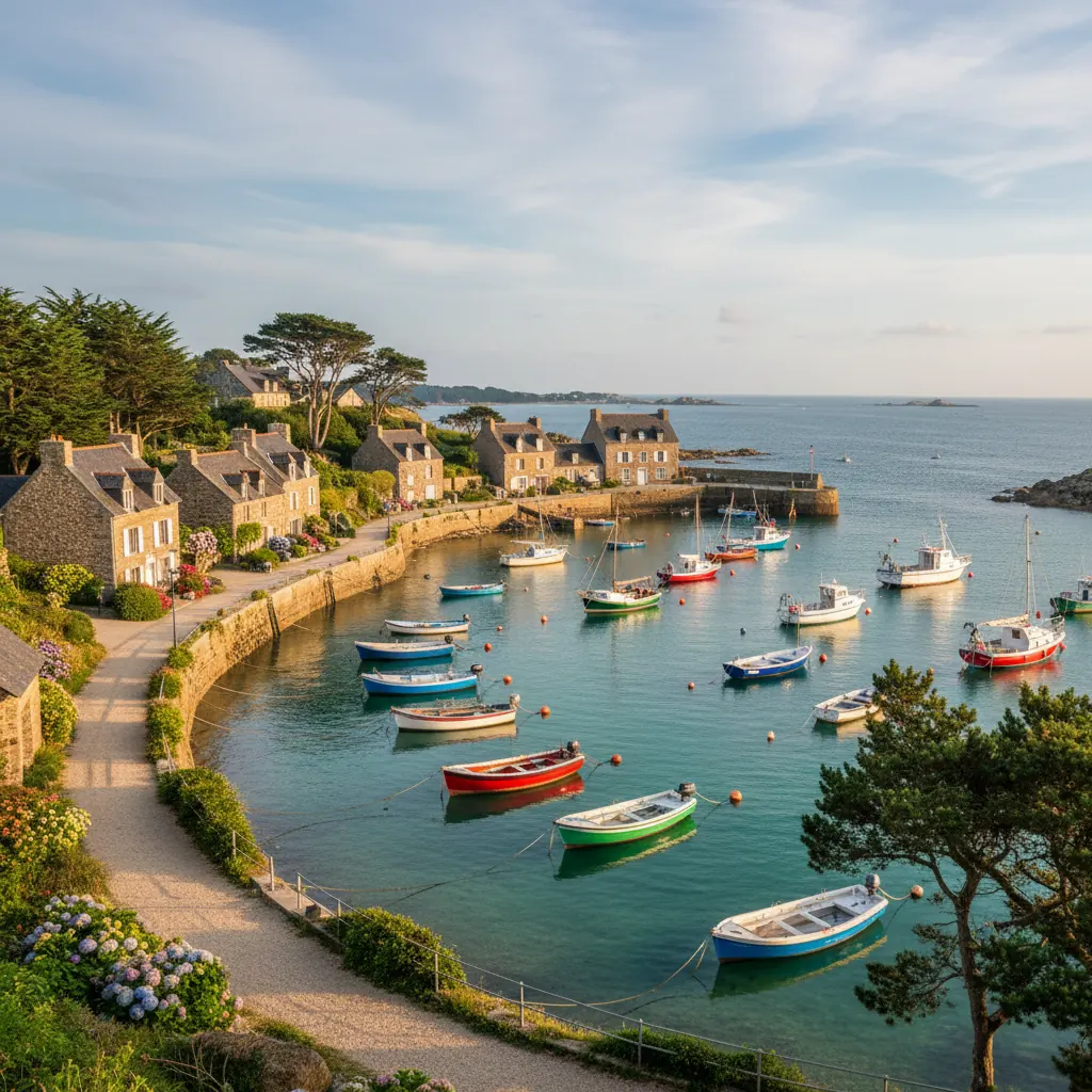 Vue sur le port de l'île de Bréhat (Port-Clos) avec ses bateaux colorés et ses maisons en pierre typiques, sous une belle lumière bretonne.