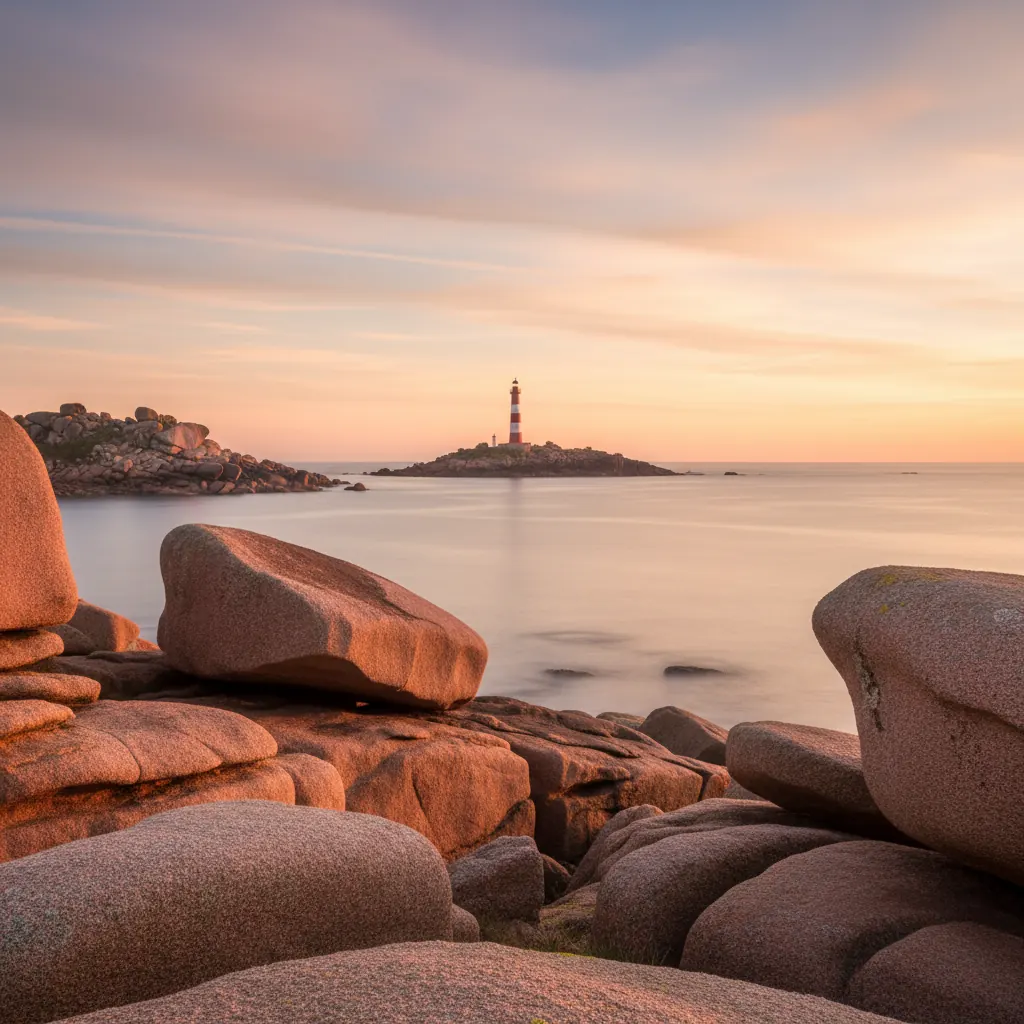 The pink granite rocks of Ploumanac'h, warmed by the golden light of the setting sun, with the Mean Ruz lighthouse in the background.