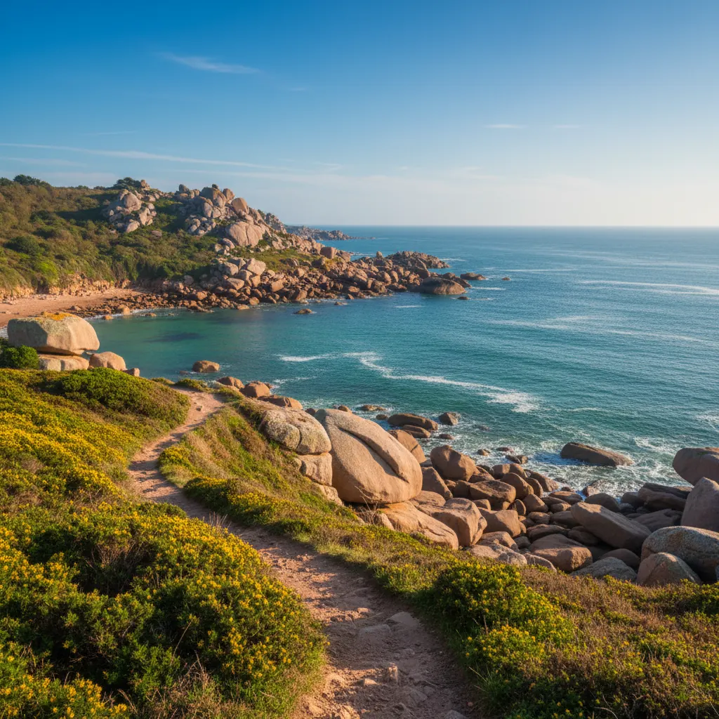 Panoramic view of the GR34 coastal path overlooking the emerald sea and pink granite formations near Trestel, Brittany.