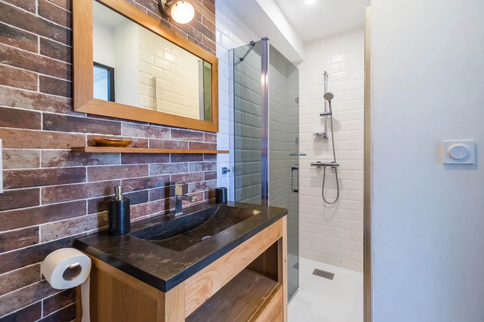 Shower room with walk-in shower and stone basin